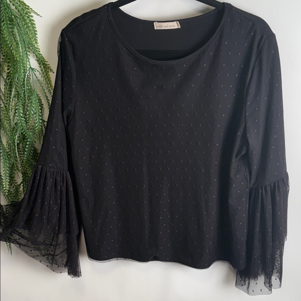 Pebble and Stone Black Top with Sheer Polka Dot Sleeves
